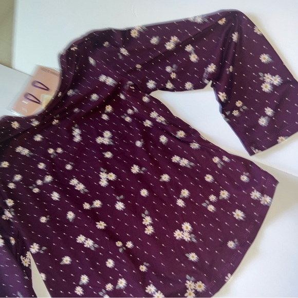 Emma & Elsa Size L 14 Long Sleeve Floral Burgandy Blouse With Hair Clip - Picture 5 of 9